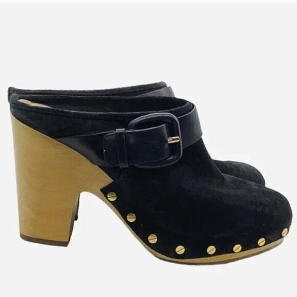 VERONICA BEARD Dacey Clogs Buckled Strap Studded Black Suede Wooden Heel Mule - Picture 7 of 9